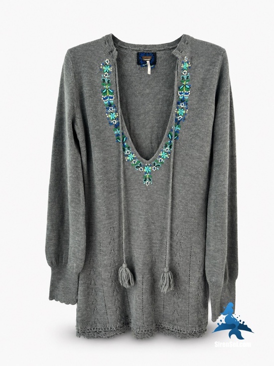 Free People Tops - 1314 FREE PEOPLE Embroidered Knit Tunic Sweater Tassel – XS – Gray